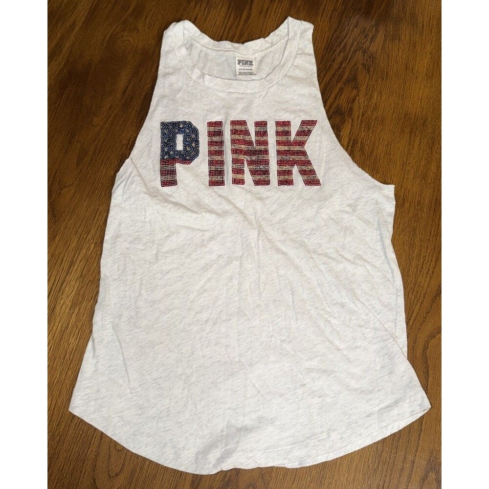 PINK Womens White Sleeveless Tank Top USA Rhinestone Red/Blue Graphic